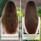 Zwei Haarstrukturen im Vergleich mit links herkömmlichen Haarölen und rechts SU HAIRCARE Brokkolisamenöl.